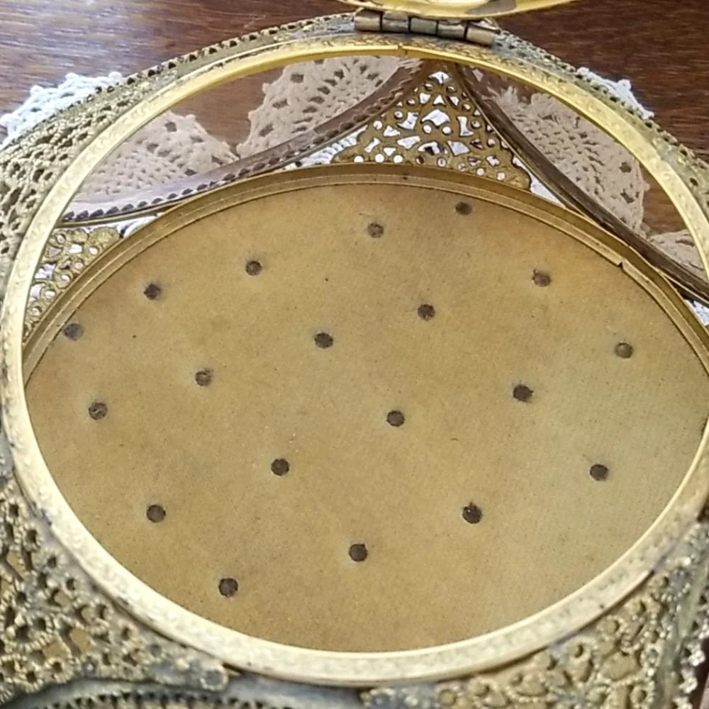Vintage French Brass Filigree Amber Beveled Glass Ormulu Jewelry Box Casket